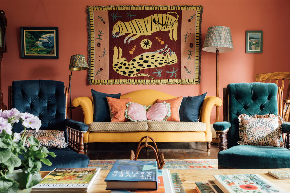 A collection of items centered around color in a room